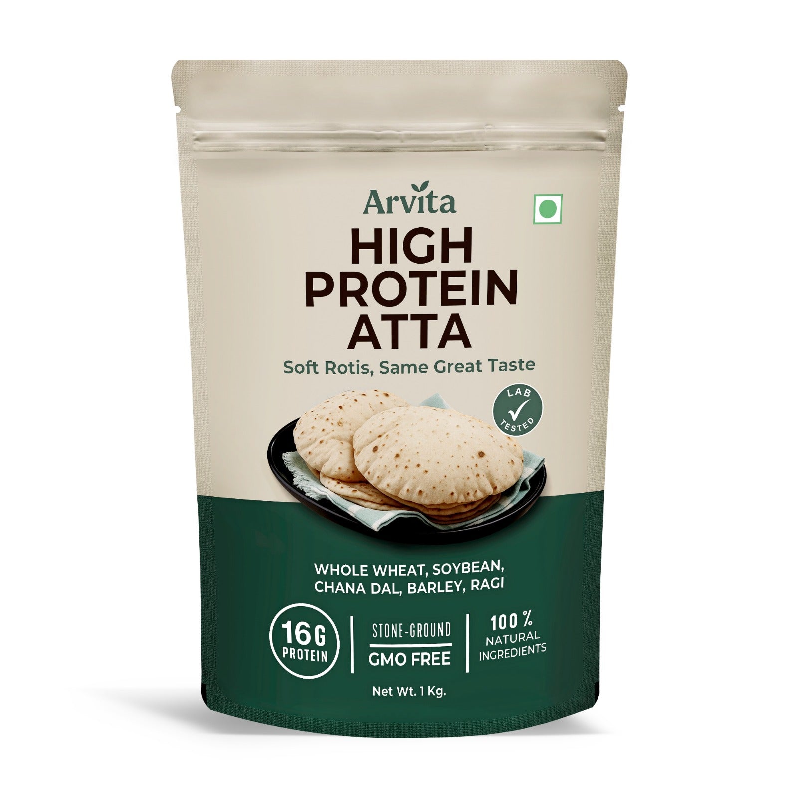 Arvita High Protein Atta packaging on a white background